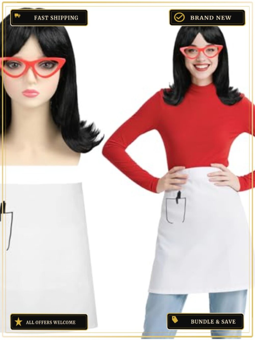 MOVINPE Waitress Costume Set, Apron, Flip Wig, Cat-Eye Glasses, Retro Diner